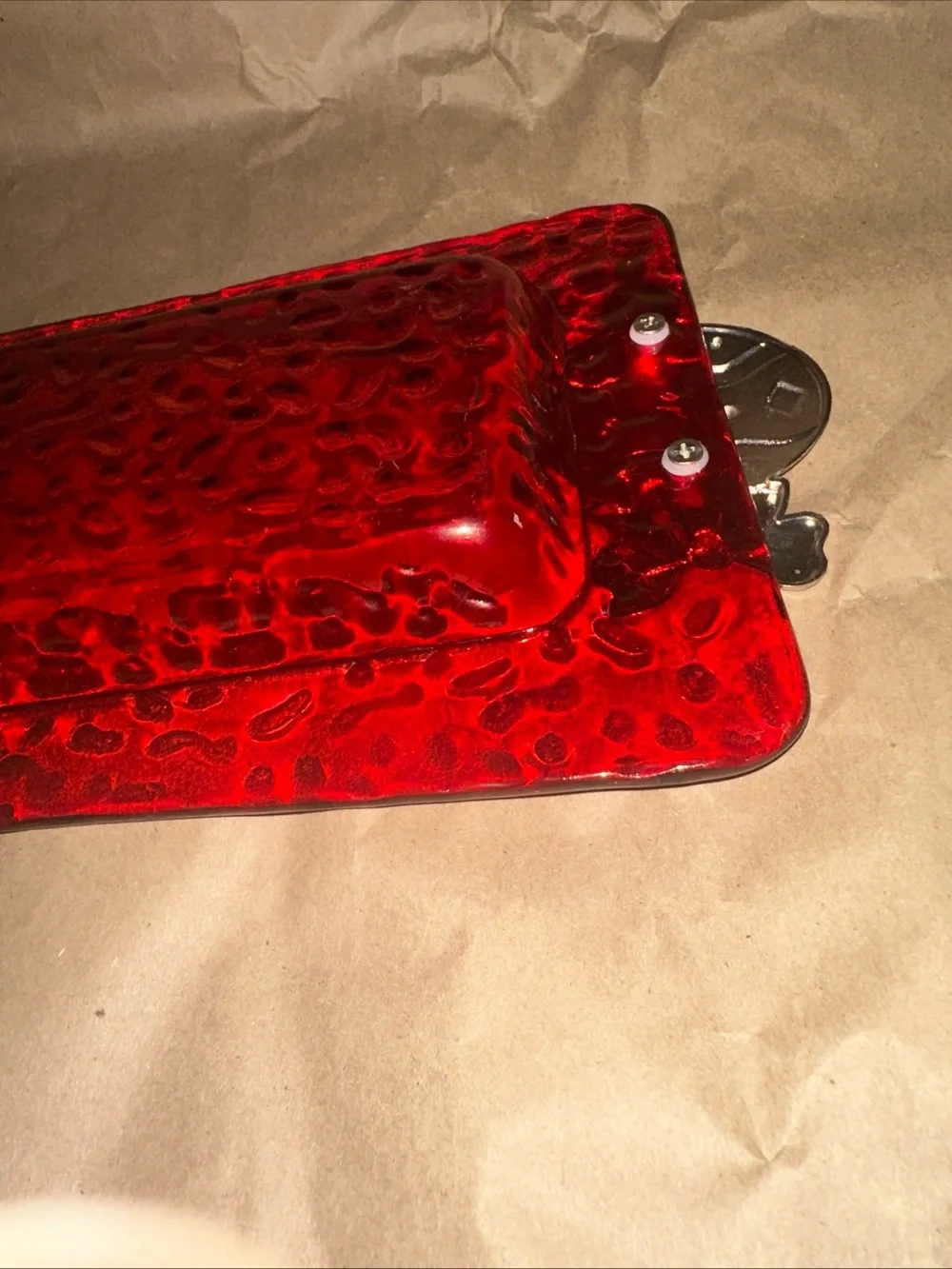 Red Glass Vanity Tray with Silver ornament Accent Handles Christmas